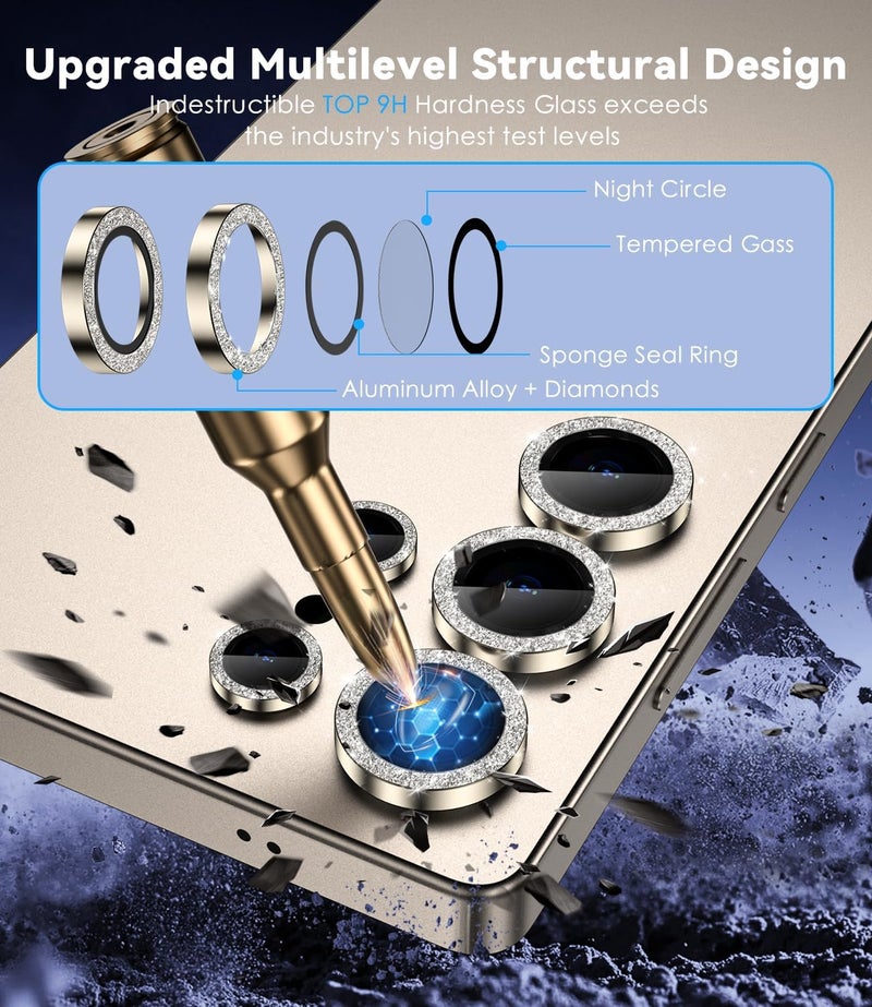 CloudValley for Galaxy S25 Ultra Camera Lens Protector Bling, 9H Tempered Glass + Aluminum Alloy Lens Protective Ring [Glitter Decoration] Ultra-HD Tempered Glass Cover,Glitter Titanium Gray - Image 2